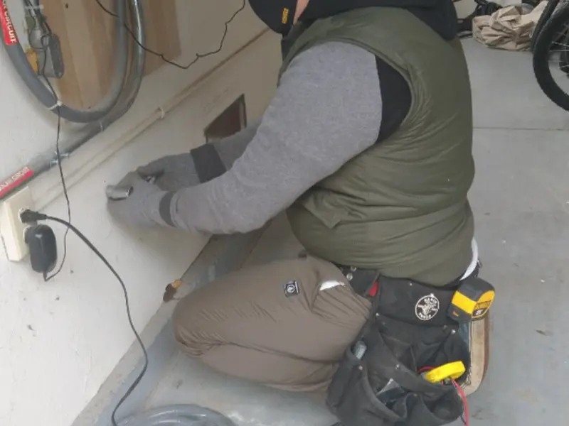 Electrician performing outlet wiring in a St. John garage